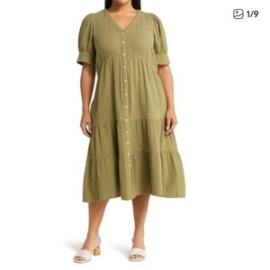 Madewell Lightspun Cuff-Sleeve Button-Front Tiered Midi Dress